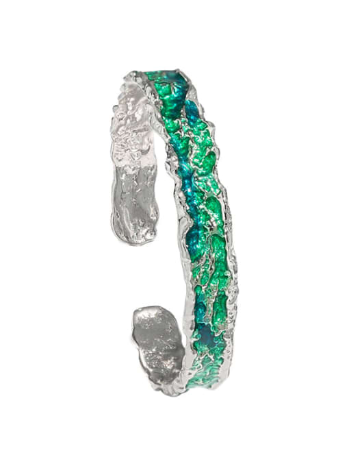 Platinum [green glaze] 925 Sterling Silver Enamel Geometric Vintage Bracelet